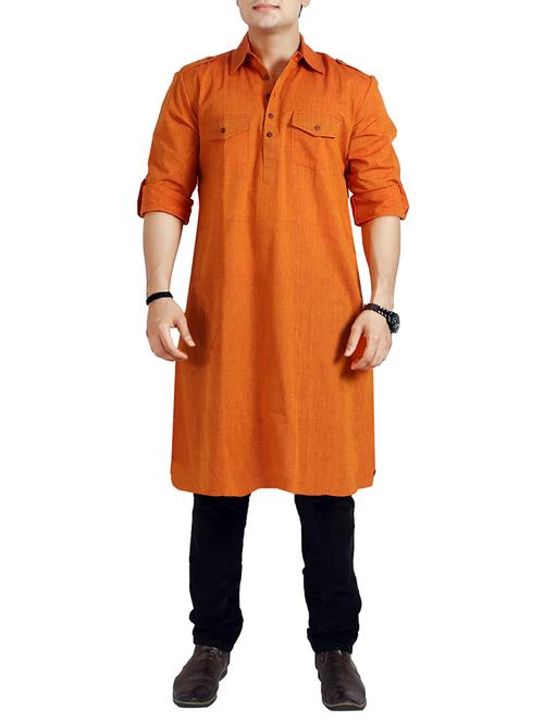orange solid pathani kurta - 14428862 - Very Small Image - 1