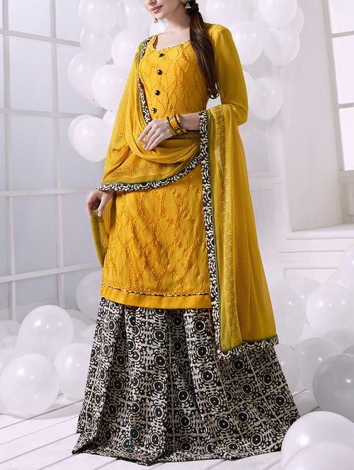 yellow georgette semi-stitched suit - 14429604 - Very Small Image - 1