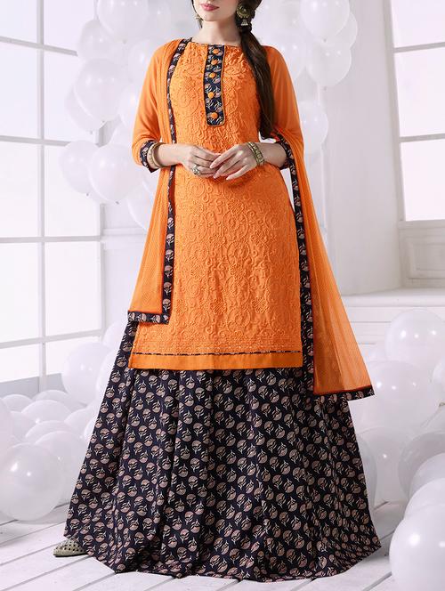 orange georgette embroidered semi-stitched skirt suit - 14429609 - Very Small Image - 1