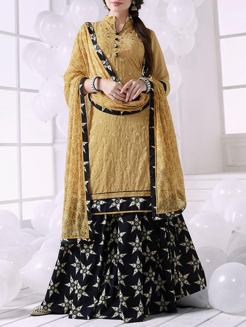 beige georgette semi-stitched suit - 14429633 - Very Small Image - 1