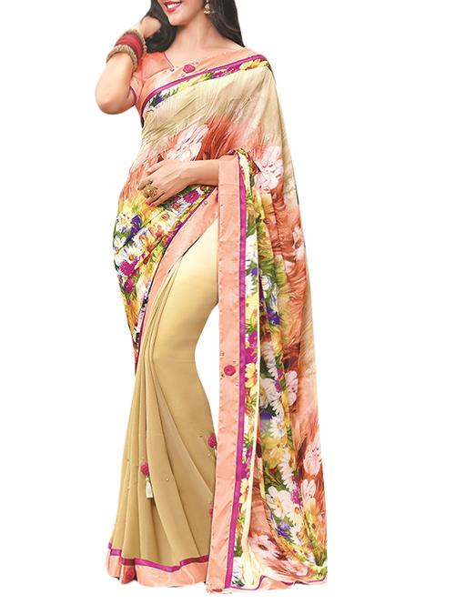 beige georgette printed saree with blouse - 14431231 - Very Small Image - 1