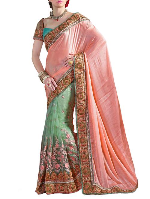 pink & green half and half saree with blouse - 14431582 - Very Small Image - 1