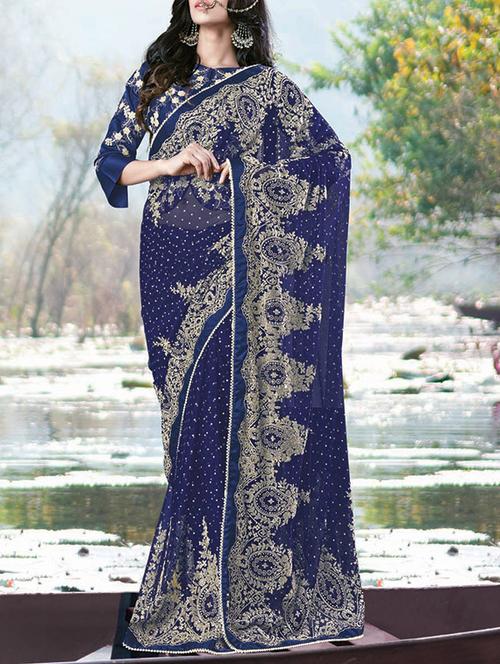 blue cotton embroidered saree with blouse - 14431586 - Very Small Image - 1