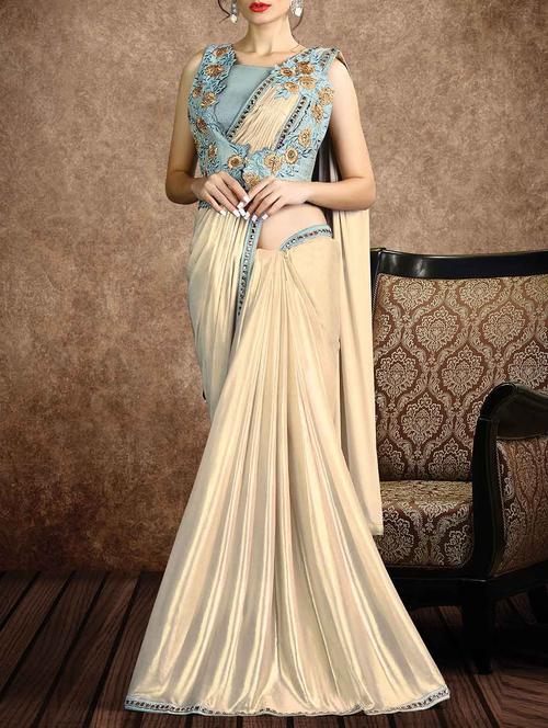 beige bordered lehenga saree saree with blouse - 14431591 - Very Small Image - 1