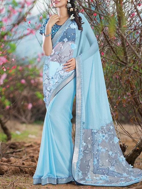 blue silk embroidered saree with blouse - 14431592 - Very Small Image - 1