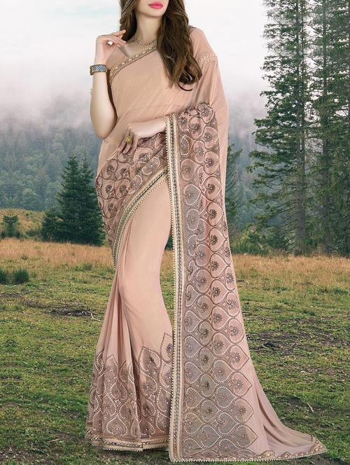 cream georgette embroidered saree with blouse - 14431602 - Very Small Image - 1