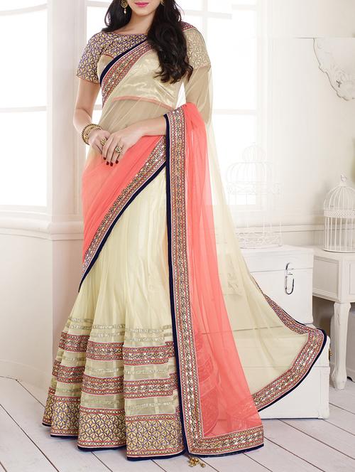 orange & cream lehenga saree with blouse - 14431609 - Very Small Image - 1