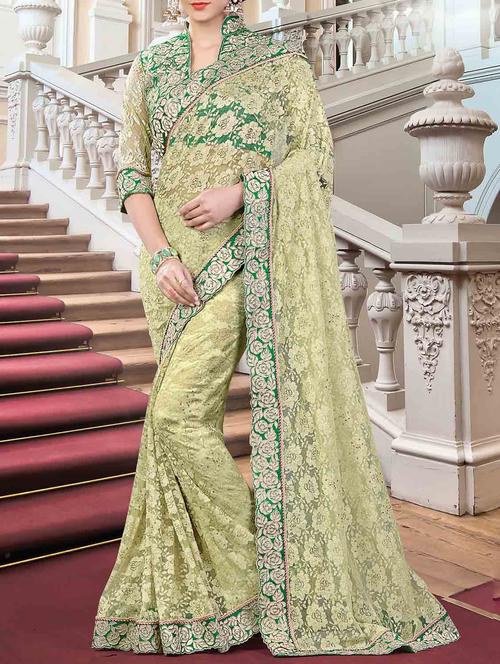 green tissuenet embroidered saree with blouse - 14431620 - Very Small Image - 1