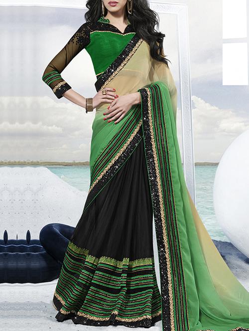 green and black half & half saree with blouse - 14431623 - Very Small Image - 1