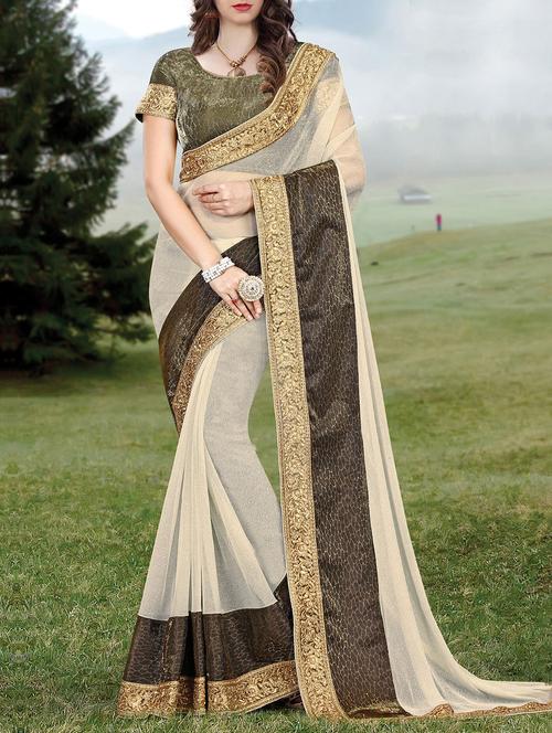 cream bordered saree with blouse - 14431639 - Very Small Image - 1