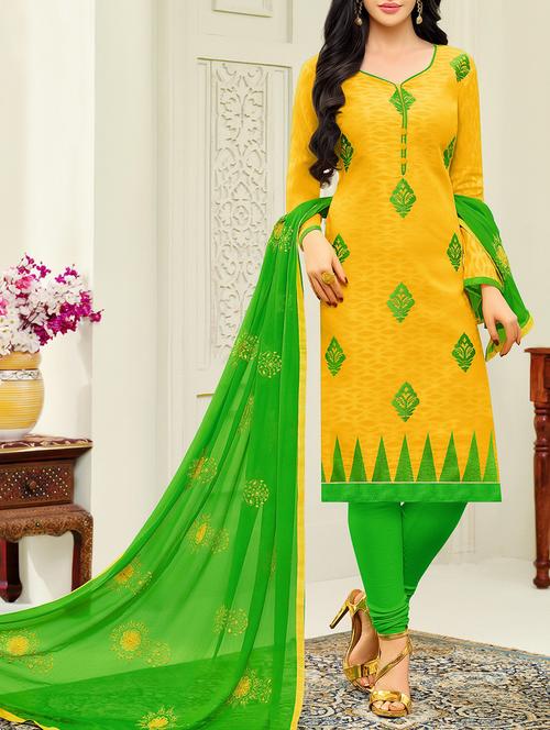 yellow unstitched churidaar suit dress material - 14432632 - Very Small Image - 1