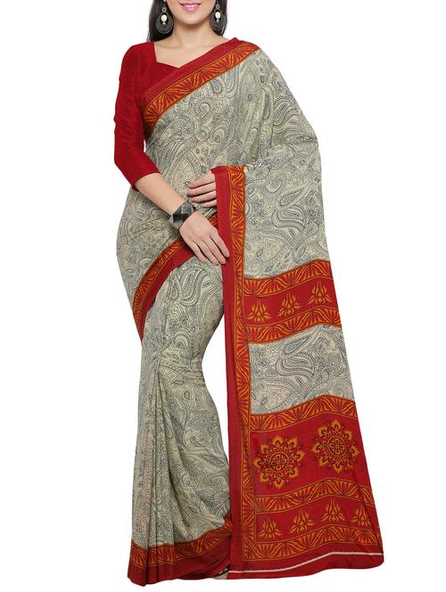 beige crepe printed saree with blouse - 14433823 - Very Small Image - 1