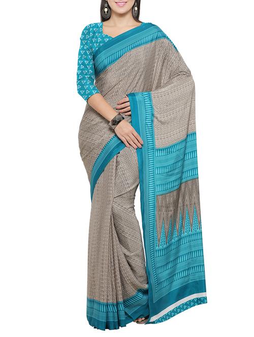 grey crepe printed saree with blouse - 14433829 - Very Small Image - 1
