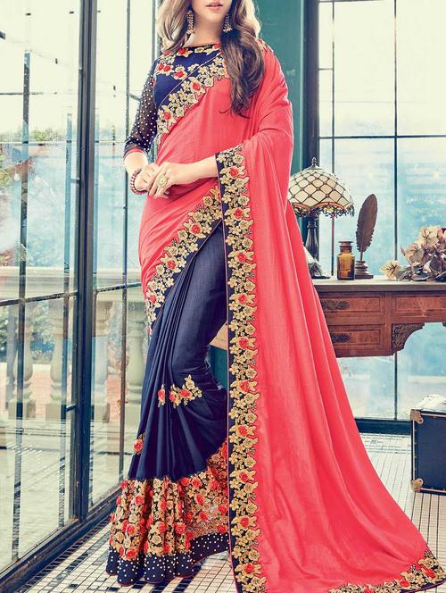 pink & blue half & half saree with blouse - 14433839 - Very Small Image - 1