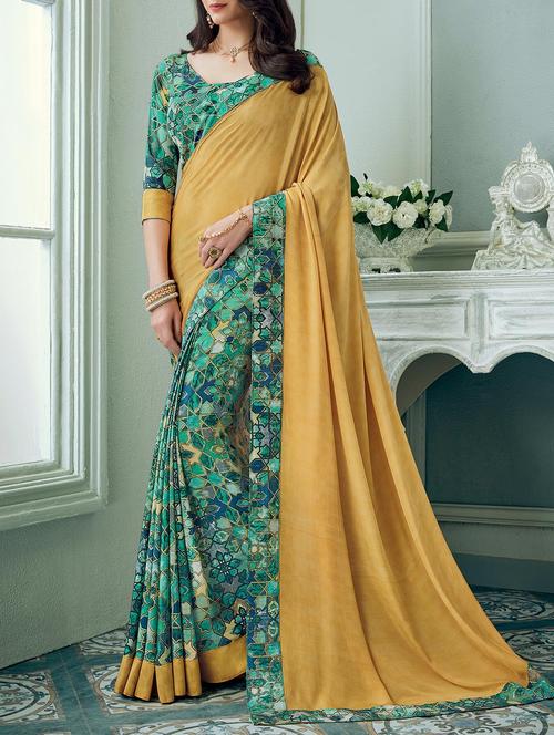 yellow crepe half & half saree with blouse - 14433919 - Very Small Image - 1