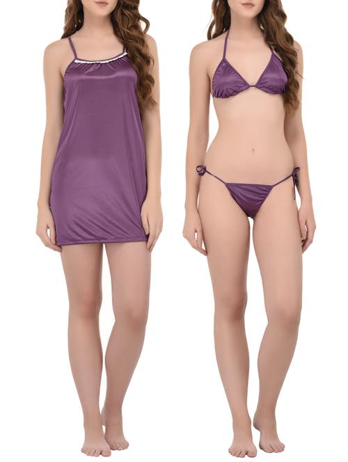 purple satin sleepshirt with bra panty set - 14434093 - Very Small Image - 1