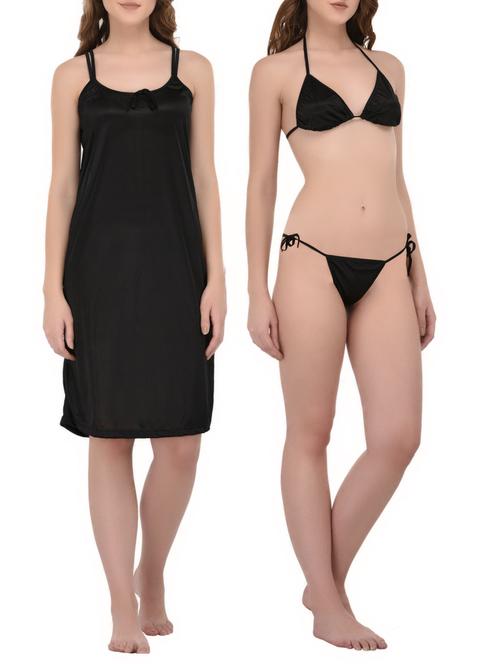 black satin nighty with bra panty set - 14434169 - Very Small Image - 1