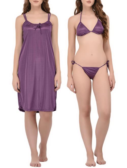 purple satin sleepshirt with bra panty set - 14434174 - Very Small Image - 1
