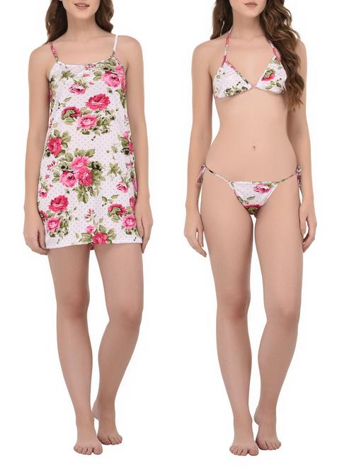 floral nighty with bikini set - 14434706 - Very Small Image - 1