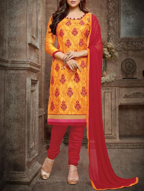 yellow rayon embroidered churidaar unstitched suits - 14435299 - Very Small Image - 1