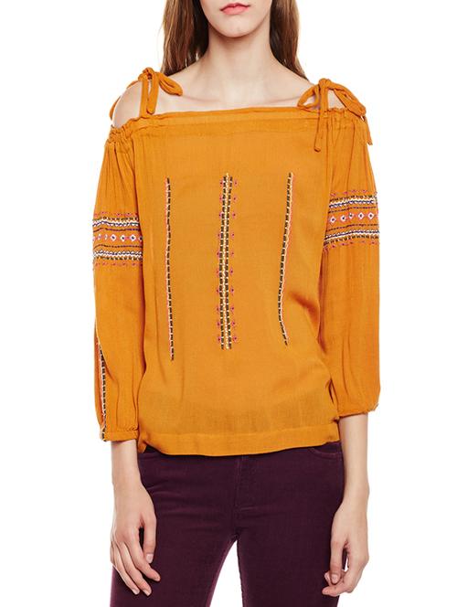 tie up cold shoulder embroidered top - 14438485 - Very Small Image - 1