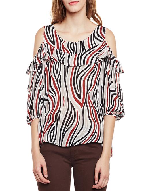 ruffled trim cold shoulder top - 14438493 - Very Small Image - 1