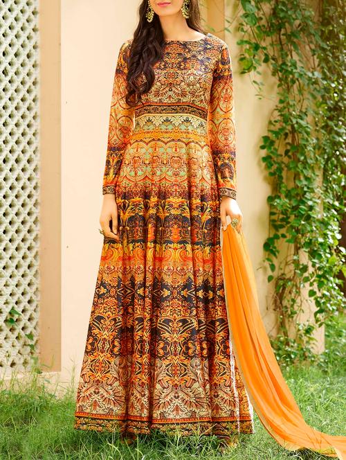 orange anarkali dress material - 14440407 - Very Small Image - 1