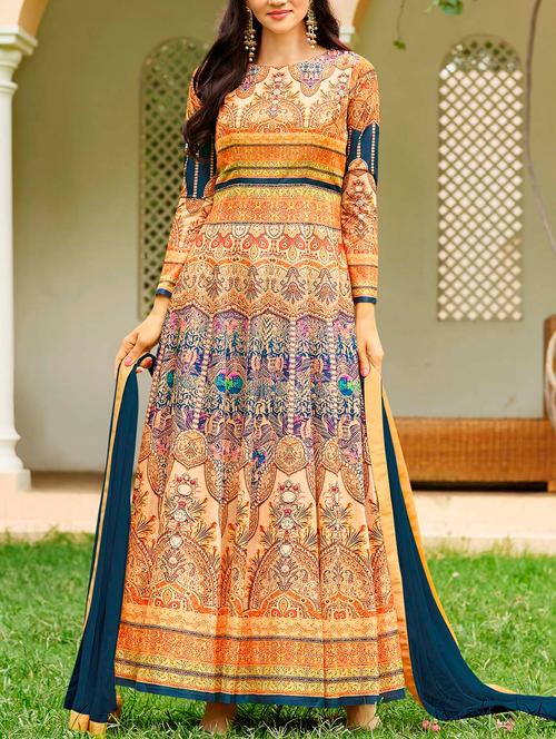 orange silk blend anarkali dress material - 14440408 - Very Small Image - 1