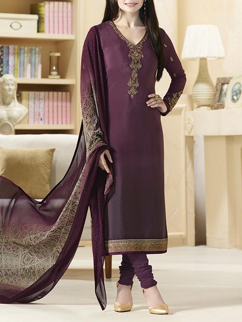 purple faux crepe churidaar unstitched suit - 14441124 - Very Small Image - 1