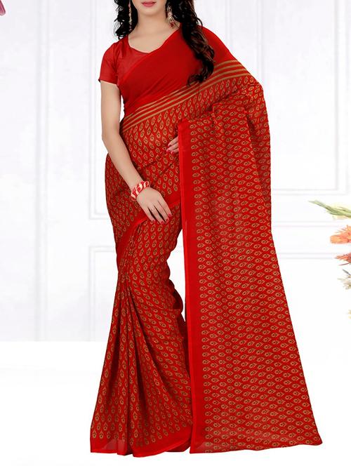 red faux georgette printed saree with blouse - 14441614 - Very Small Image - 1