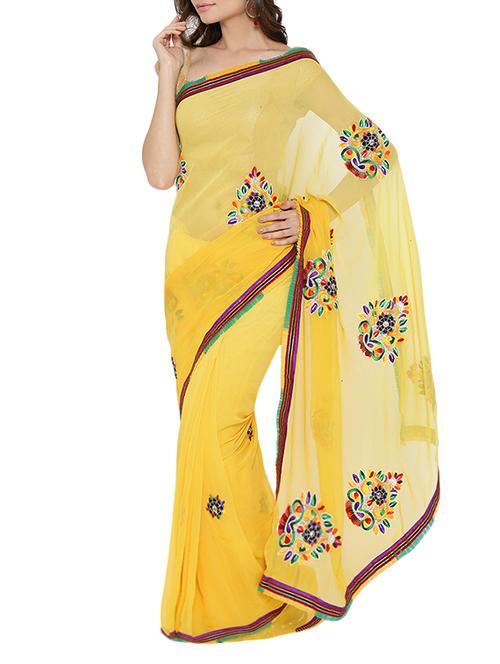yellow georgette embroidered saree with blouse - 14442866 - Very Small Image - 1