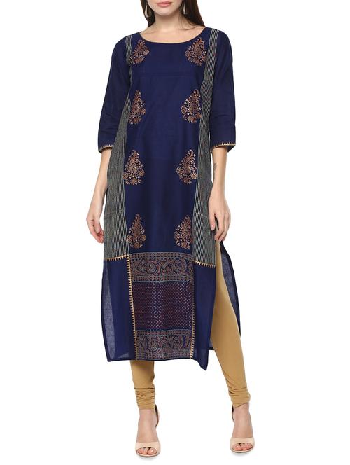 blue cotton straight kurta - 14443305 - Very Small Image - 1