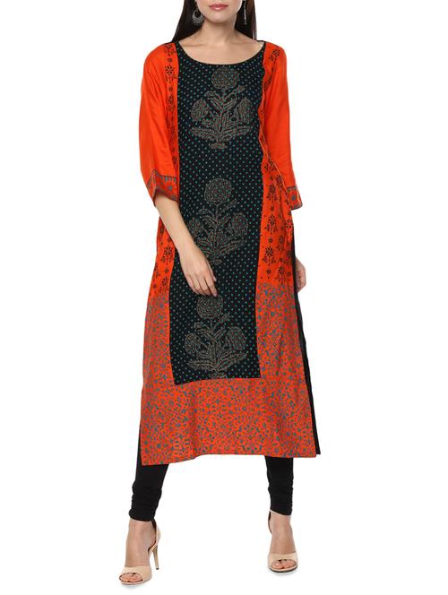 orange & black rayon straight kurta - 14443315 - Very Small Image - 1