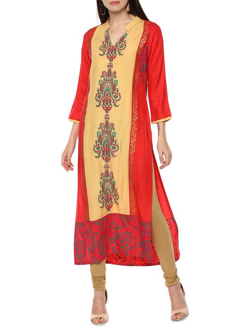 beige & red rayon straight kurta - 14443319 - Very Small Image - 1