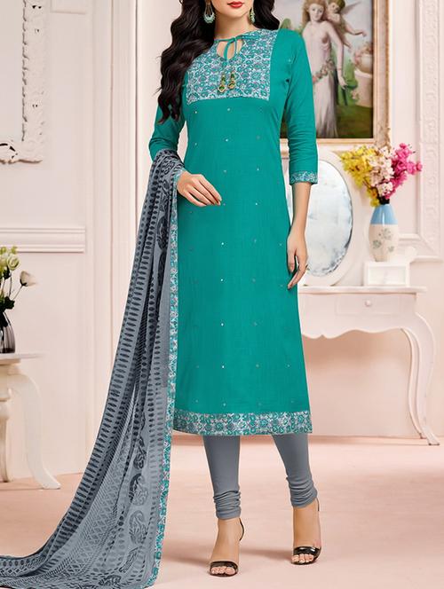 turquoise cotton churidaar suits dress material - 14443830 - Very Small Image - 1