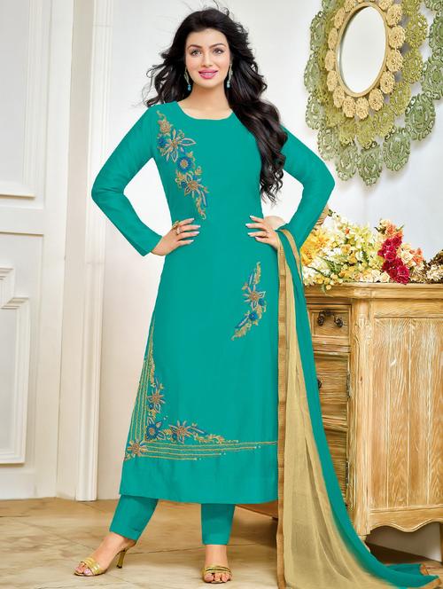 turquoise cotton straight pant suits dress material - 14444742 - Very Small Image - 1
