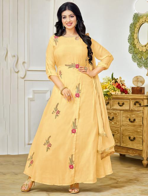 yellow cotton a-line dress material - 14444745 - Very Small Image - 1