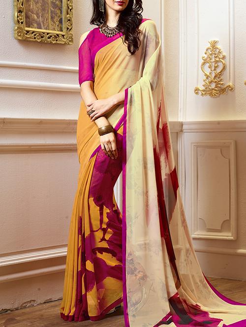 yellow & pink printed saree - 14449015 - Very Small Image - 1