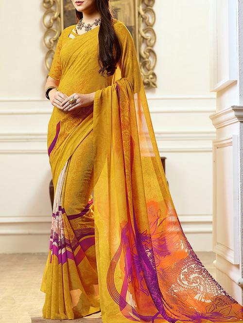 yellow georgette printed saree - 14449029 - Very Small Image - 1