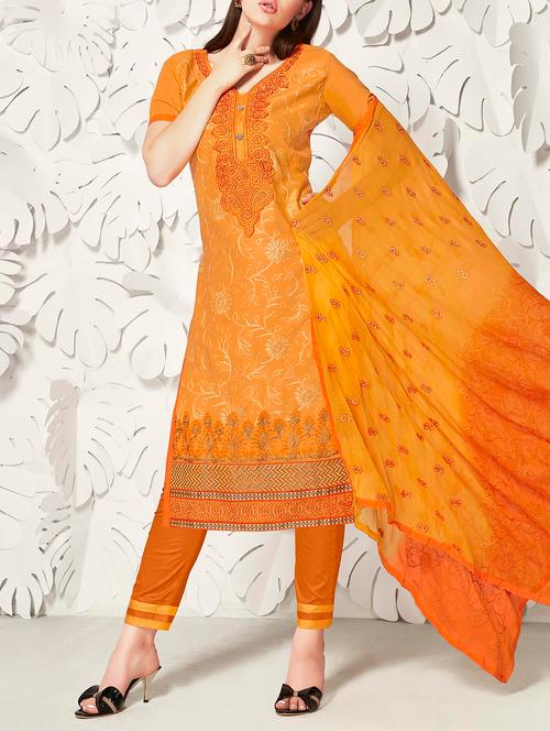 orange cotton un-stitched dress material - 14450715 - Very Small Image - 1