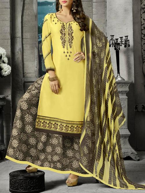 yellow cotton un-stitched dress material - 14450937 - Very Small Image - 1