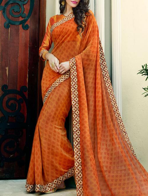 orange satin printed saree - 14451461 - Very Small Image - 1