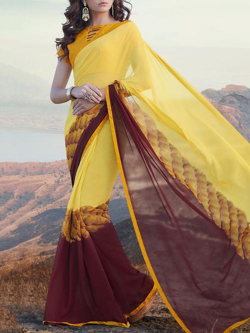 yellow georgette printed saree - 14451466 - Very Small Image - 1