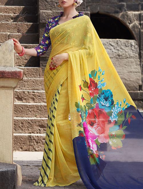 yellow georgette printed saree - 14451482 - Very Small Image - 1