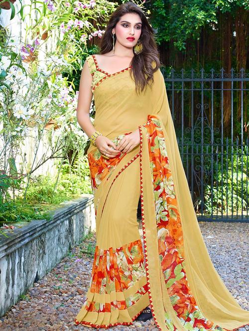 yellow georgette printed saree - 14451494 - Very Small Image - 1