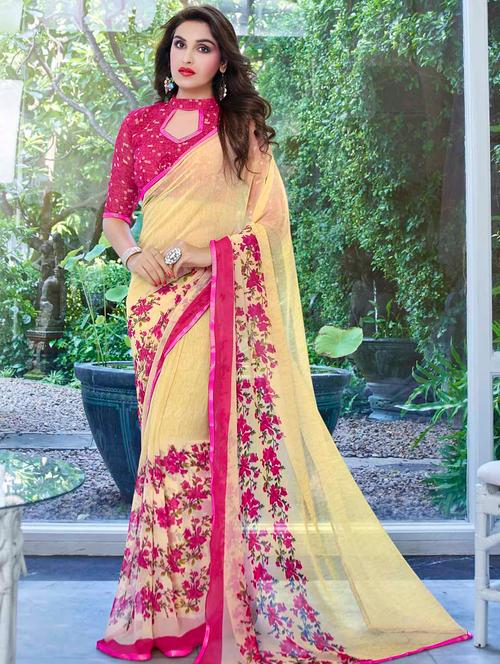 beige georgette printed saree - 14451503 - Very Small Image - 1