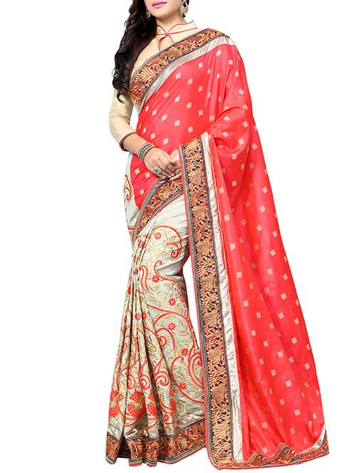 red half & half saree with blouse - 14451543 - Very Small Image - 1