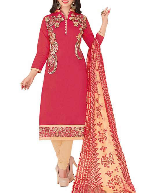 red chanderi cotton unstitched suit - 14453552 - Very Small Image - 1