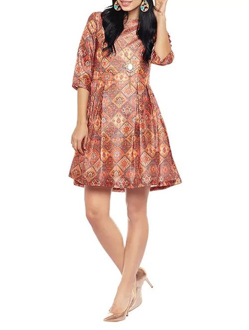 brown printed fit & flare dress - 14453823 - Very Small Image - 1