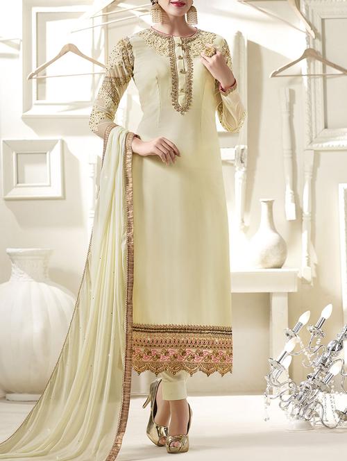 cream georgette semistitched suit - 14455018 - Very Small Image - 1